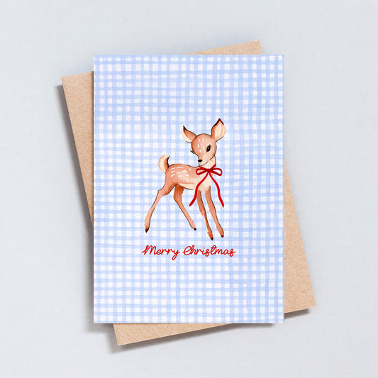 Merry Christmas card featuring a hand-painted deer with a red bow on a blue gingham background – The Type Club