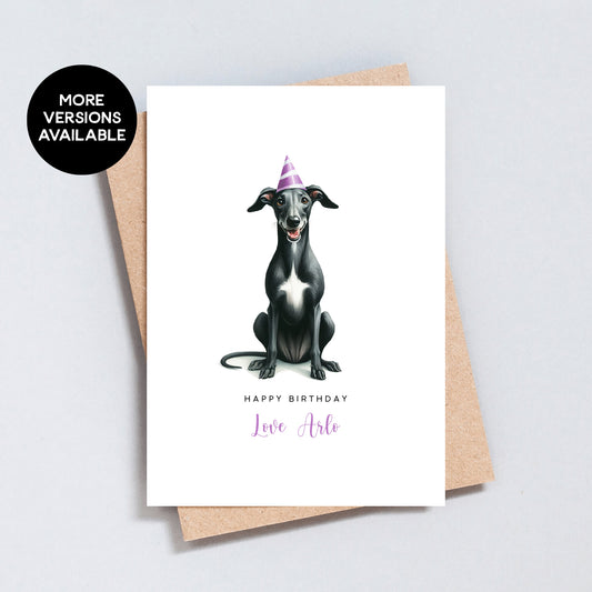 Black Whippet Greyhound Birthday Card, Personalised Card From Or To Dog