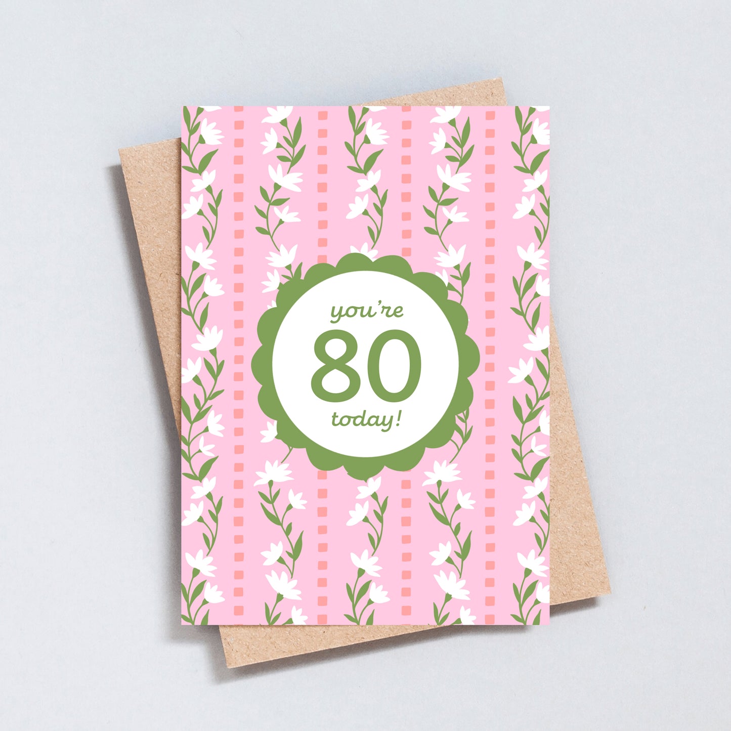 You're 80 Today Floral Stripe Birthday Card