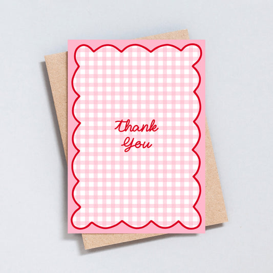 Pink Gingham Scallop Thank You Card