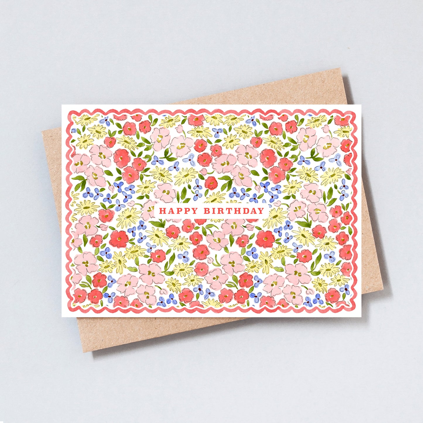 Floral happy birthday card with dense botanical flower pattern