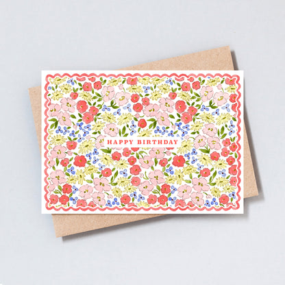 Floral happy birthday card with dense botanical flower pattern