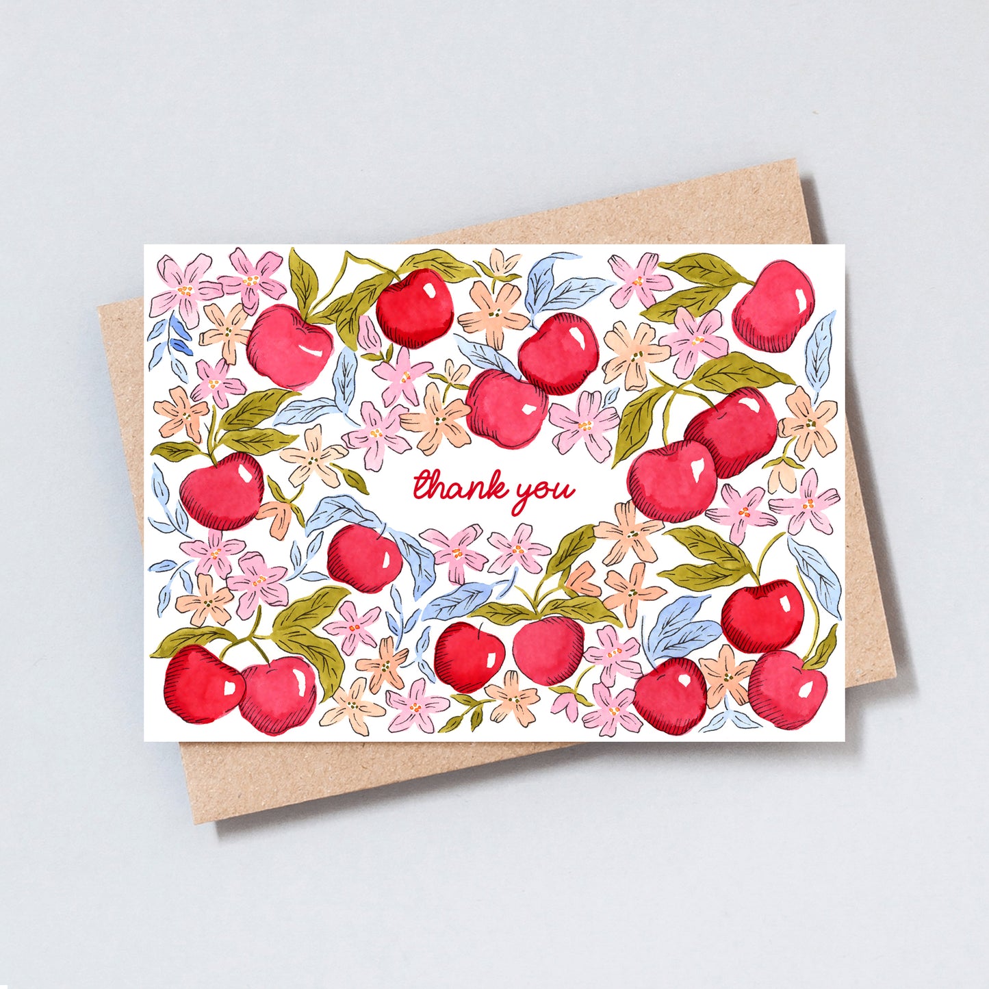 Apple floral thank you card with hand-drawn apples and flowers on textured card