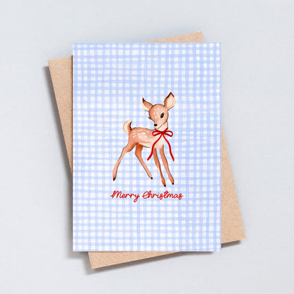 Merry Christmas card featuring a hand-painted deer with a red bow on a blue gingham background – The Type Club
