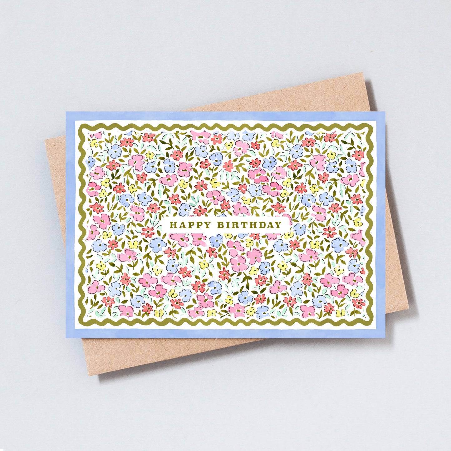 Colourful floral border birthday card with detailed illustration on textured cardstock