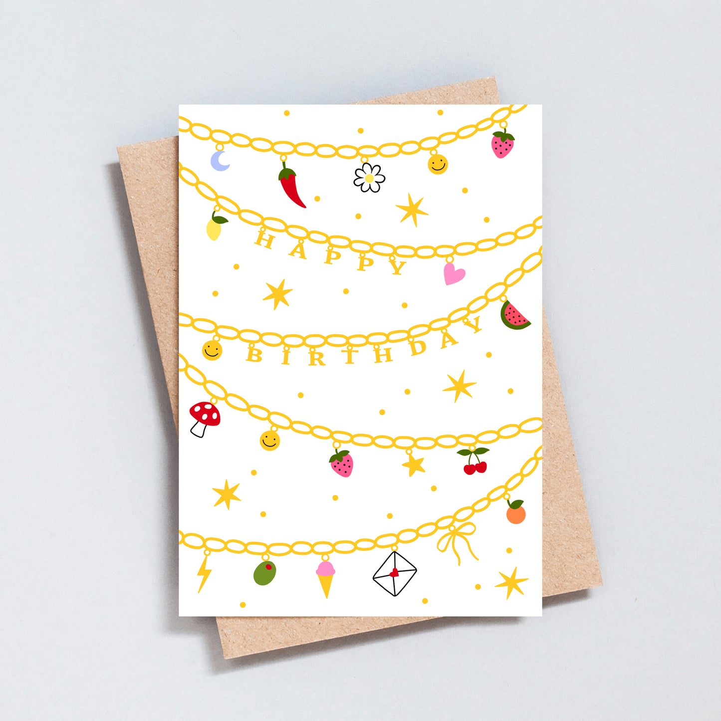 Charm bracelet illustration birthday card, blank inside, A6 & 5x7