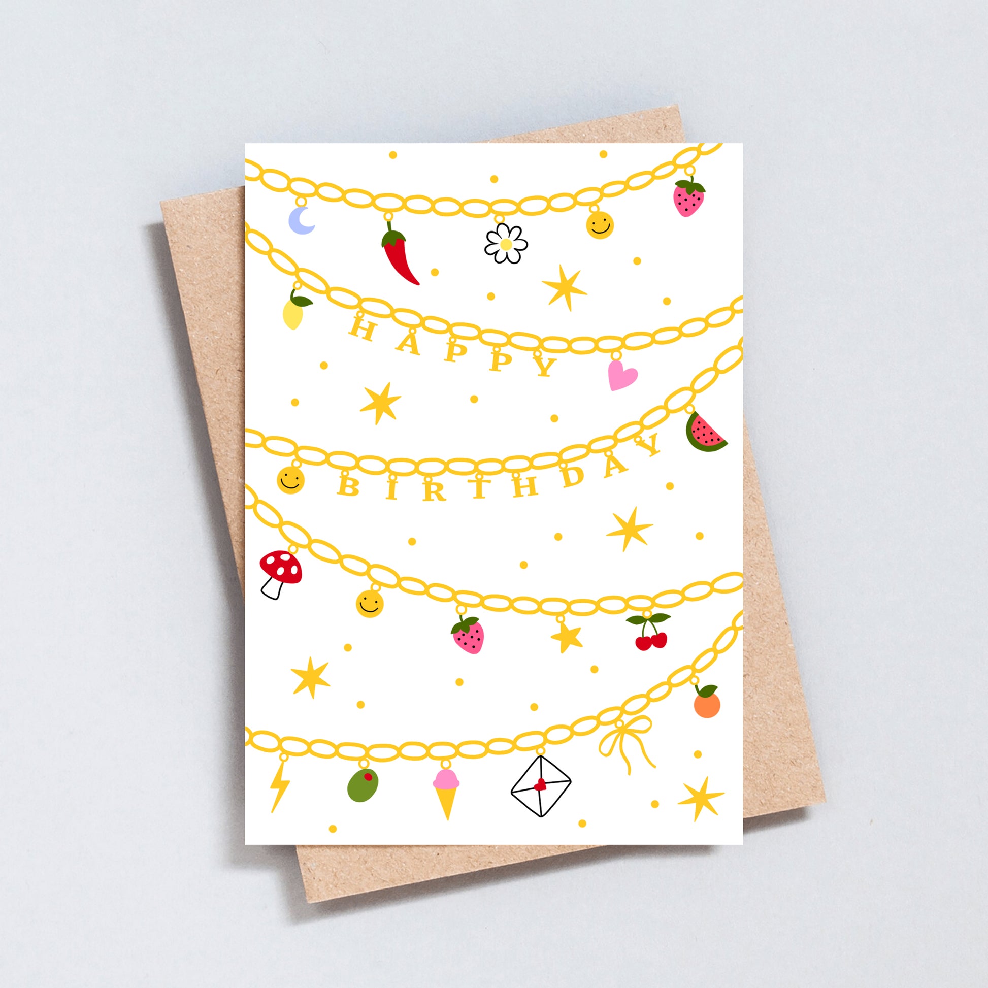 Charm bracelet illustration birthday card, blank inside, A6 & 5x7
