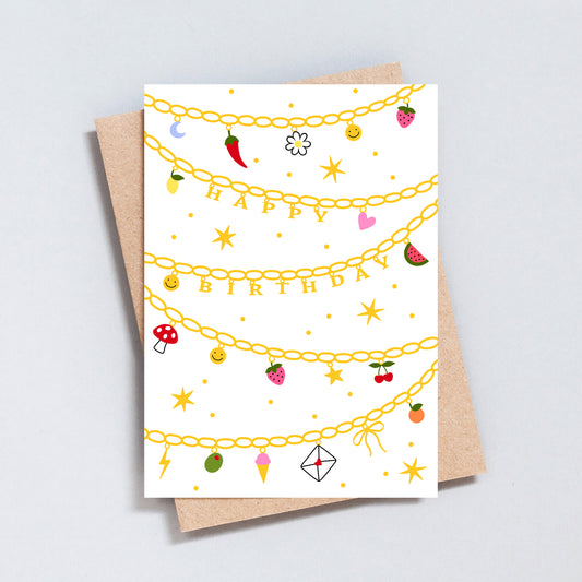 Charm bracelet illustration birthday card, blank inside, A6 & 5x7