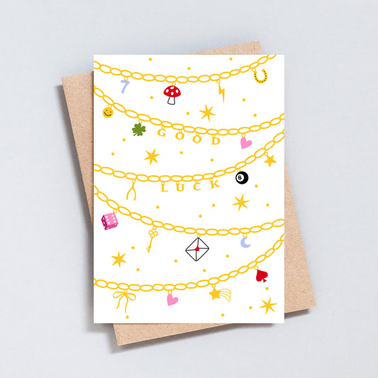 Good Luck charm bracelet greeting card, illustrated design, A6 & 5x7
