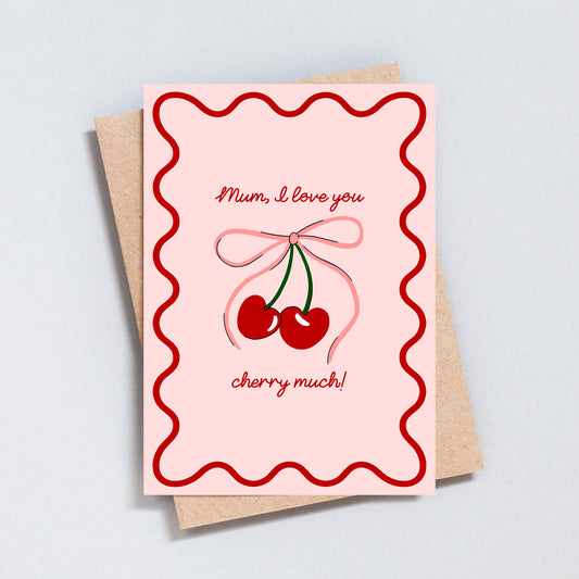 Cherry pun Mother’s Day card for Mum with ribbon illustration