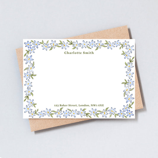 Personalised blue floral stationery cards with custom name on hammered card