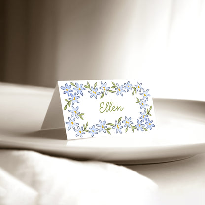 Blue floral personalised place cards with guest names