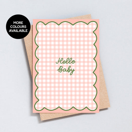 Hello Baby card with colourful gingham design, new baby greeting, A6 & 5x7