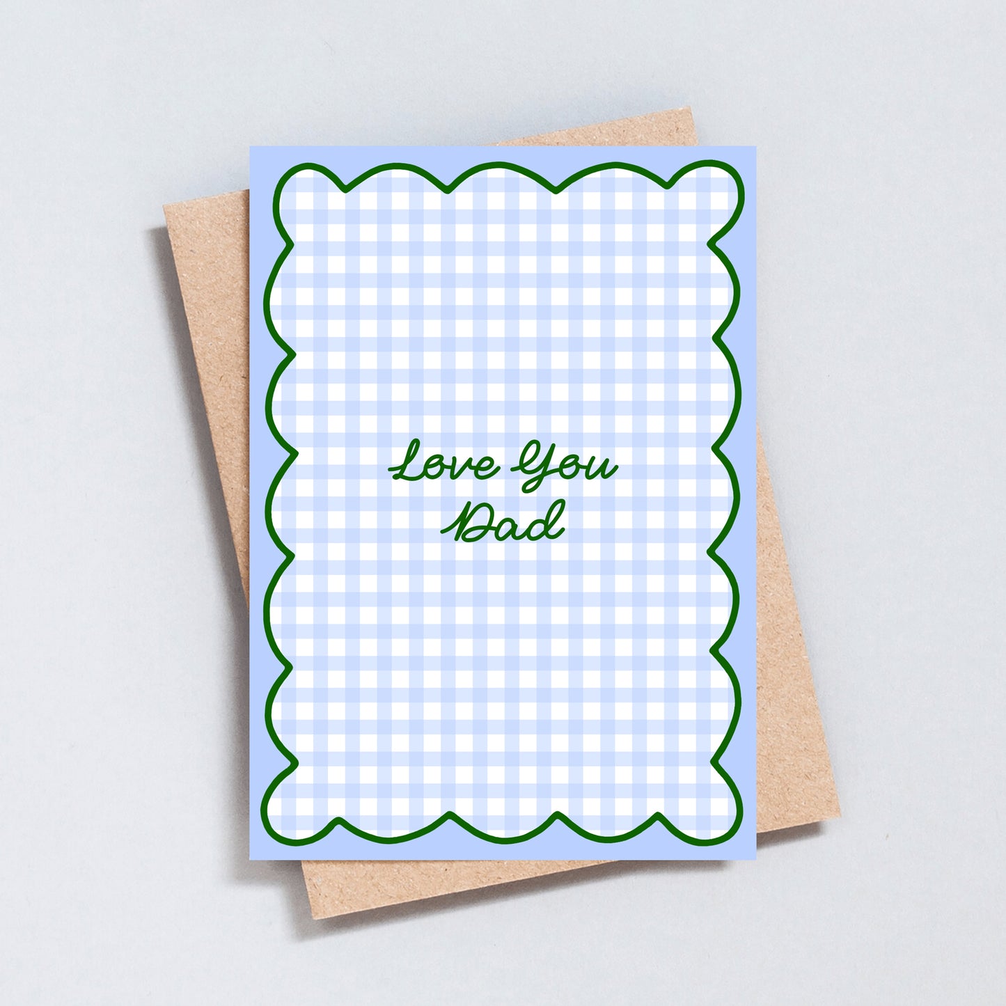 Blue gingham Love You Dad card with scalloped border printed on hammered card