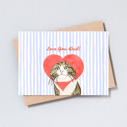 Cute illustrated cat Love You Dad Father’s Day card printed on hammered card