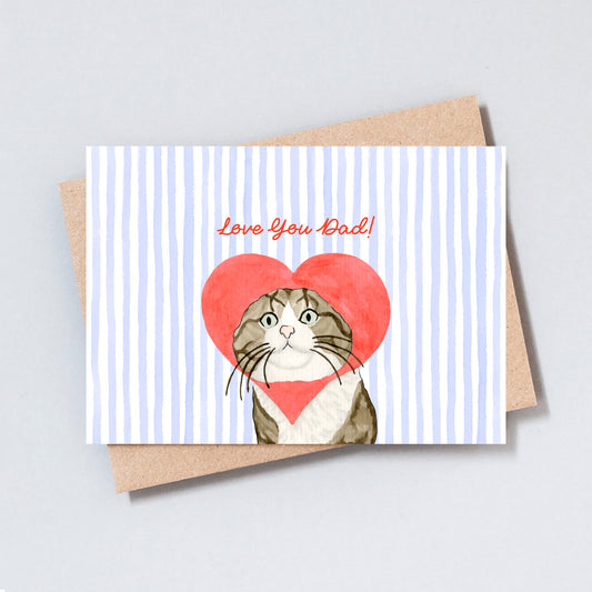 Cute illustrated cat Love You Dad Father’s Day card printed on hammered card