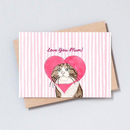 Cute illustrated cat Love You Mum Mother’s Day card on pink stripe background