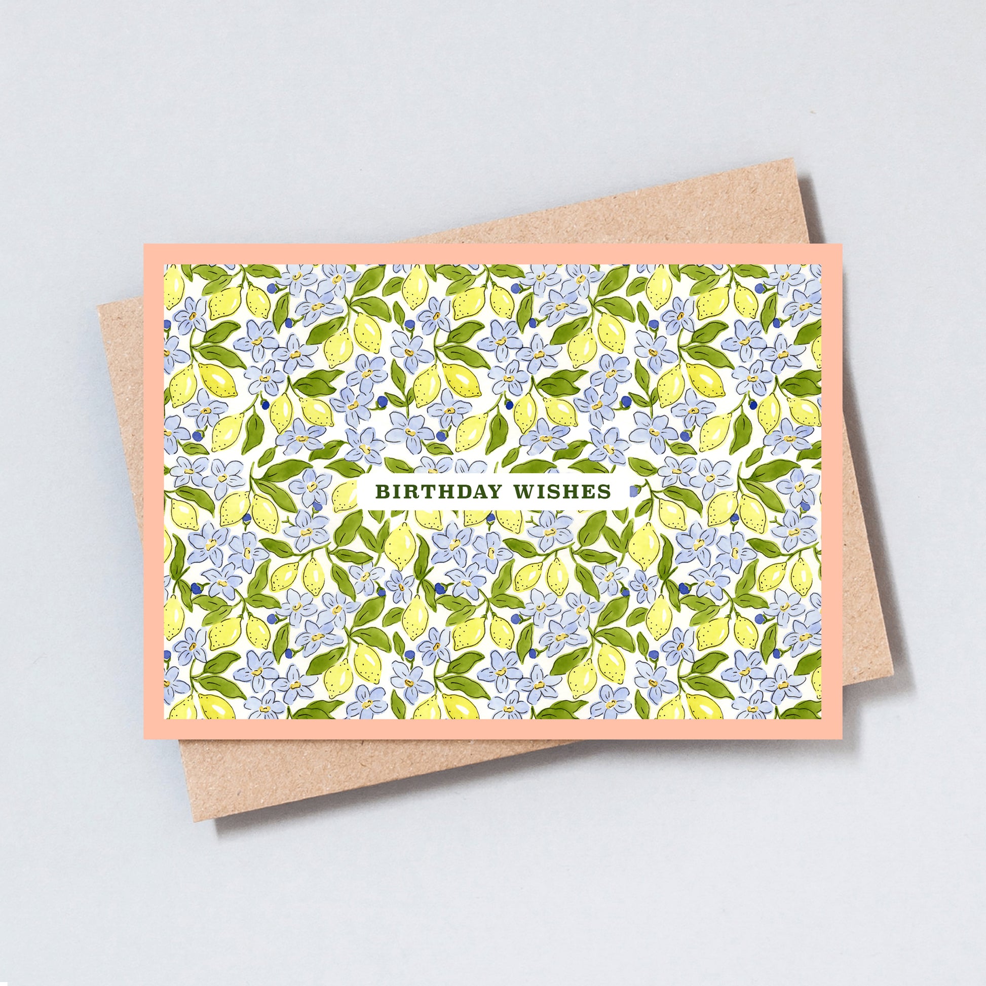 Lemon birthday card with hand-drawn citrus and floral design on textured cardstock
