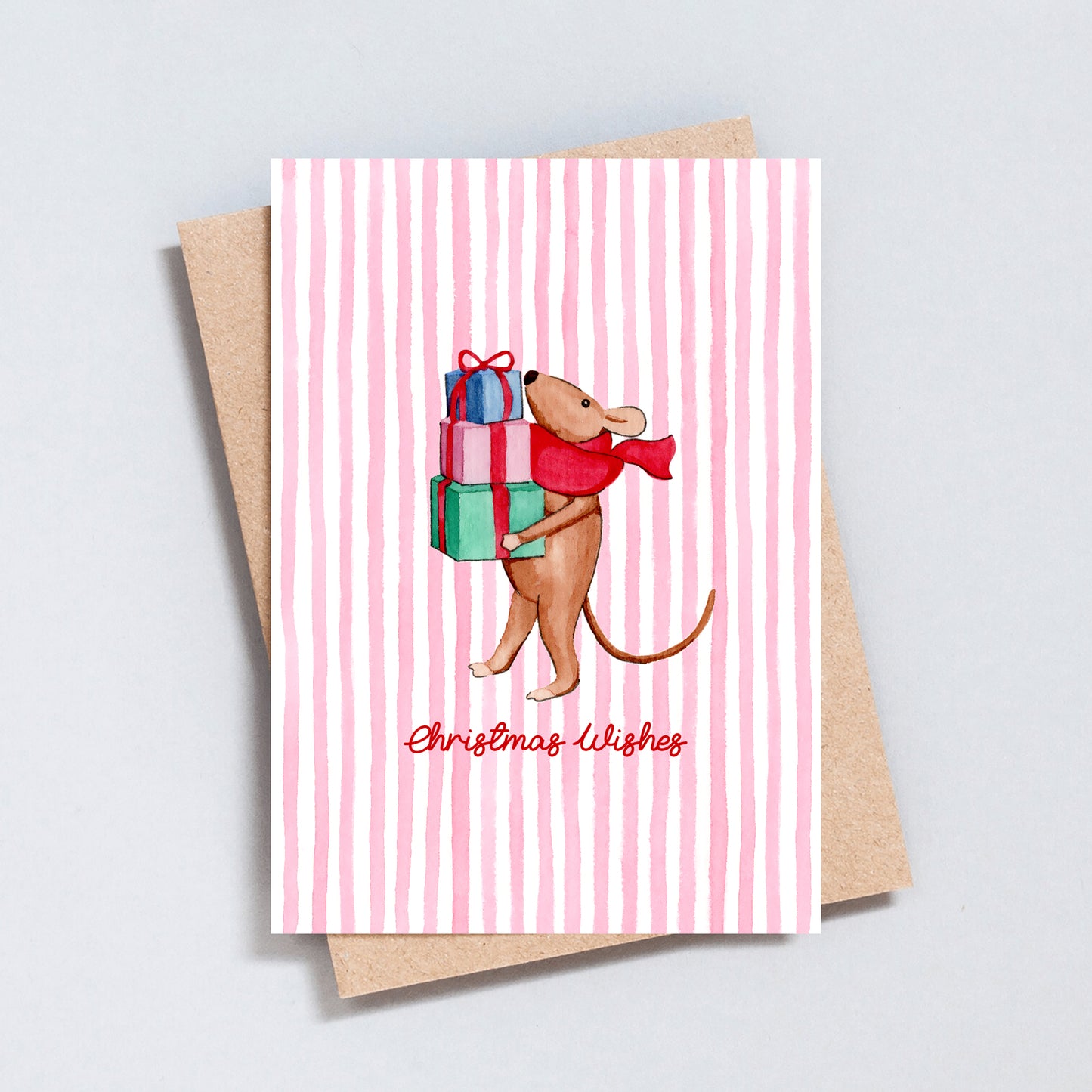 Cute watercolour Christmas mouse card with pink striped background and presents, printed on hammered card