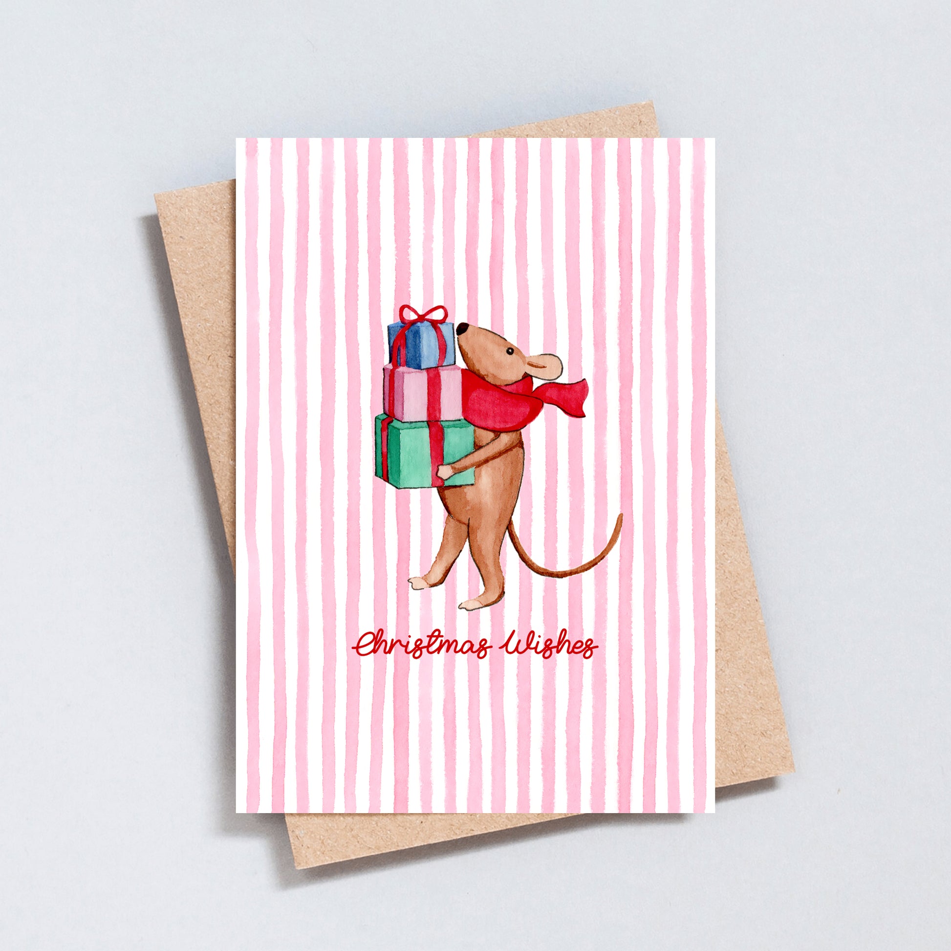 Cute watercolour Christmas mouse card with pink striped background and presents, printed on hammered card