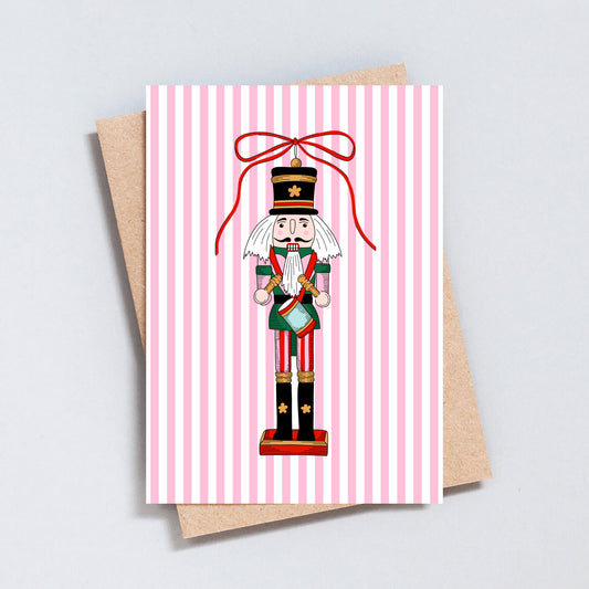 Nutcracker Christmas Card – Festive Holiday Greeting with Pink Candy Stripe Design