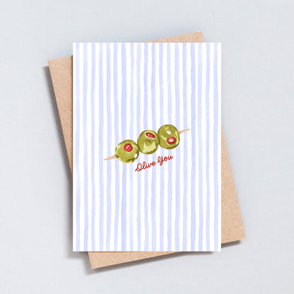 Hand-drawn “Olive You” pun card featuring three olives on a skewer, printed on hammered cardstock.