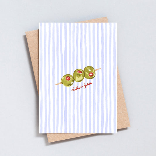 Hand-drawn “Olive You” pun card featuring three olives on a skewer, printed on hammered cardstock.