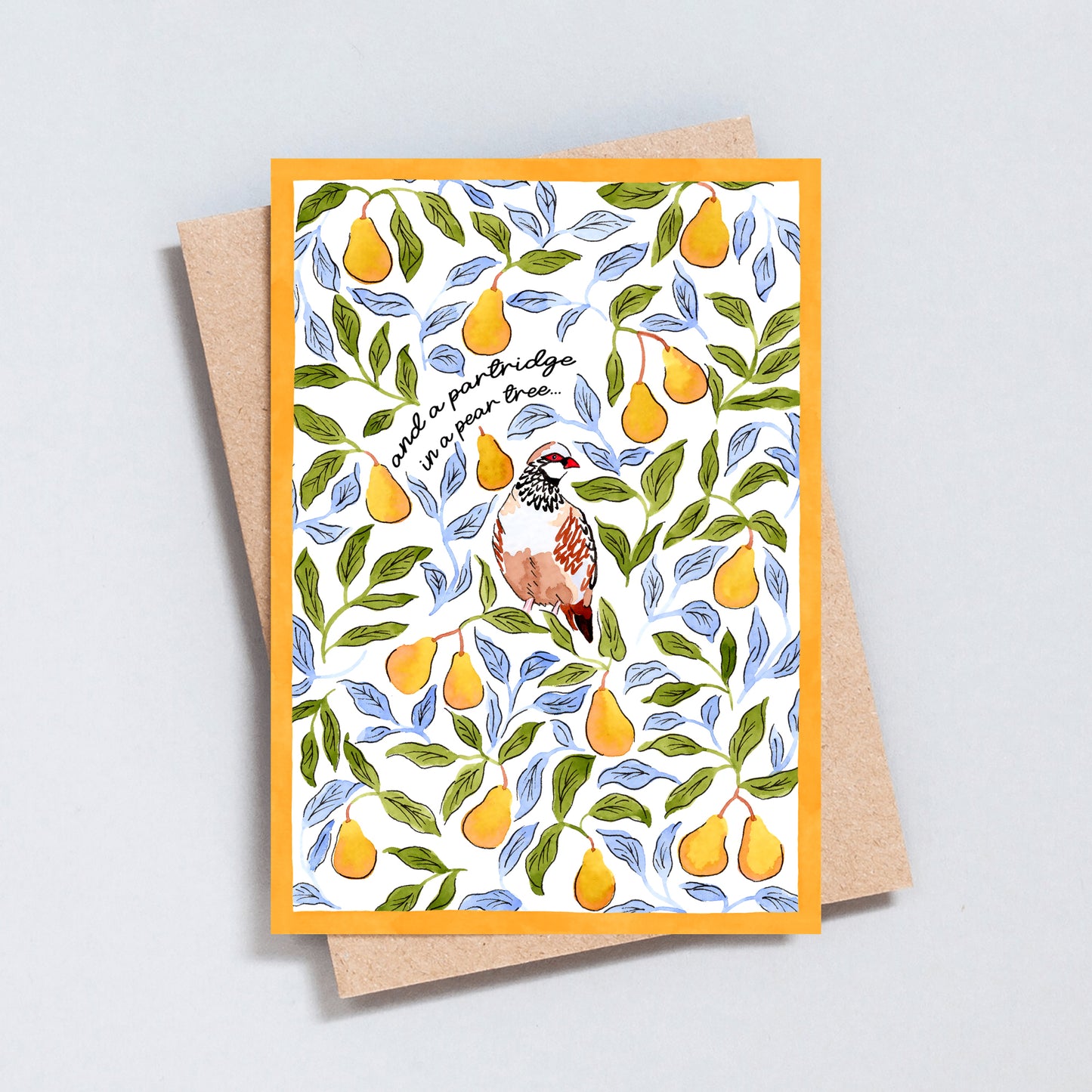 Illustrated Partridge in a Pear Tree Christmas card with golden pears, blue leaves and botanical festive design on textured white card.