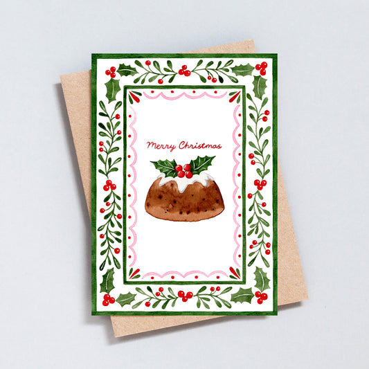 Hand painted Christmas pudding card with holly and berries