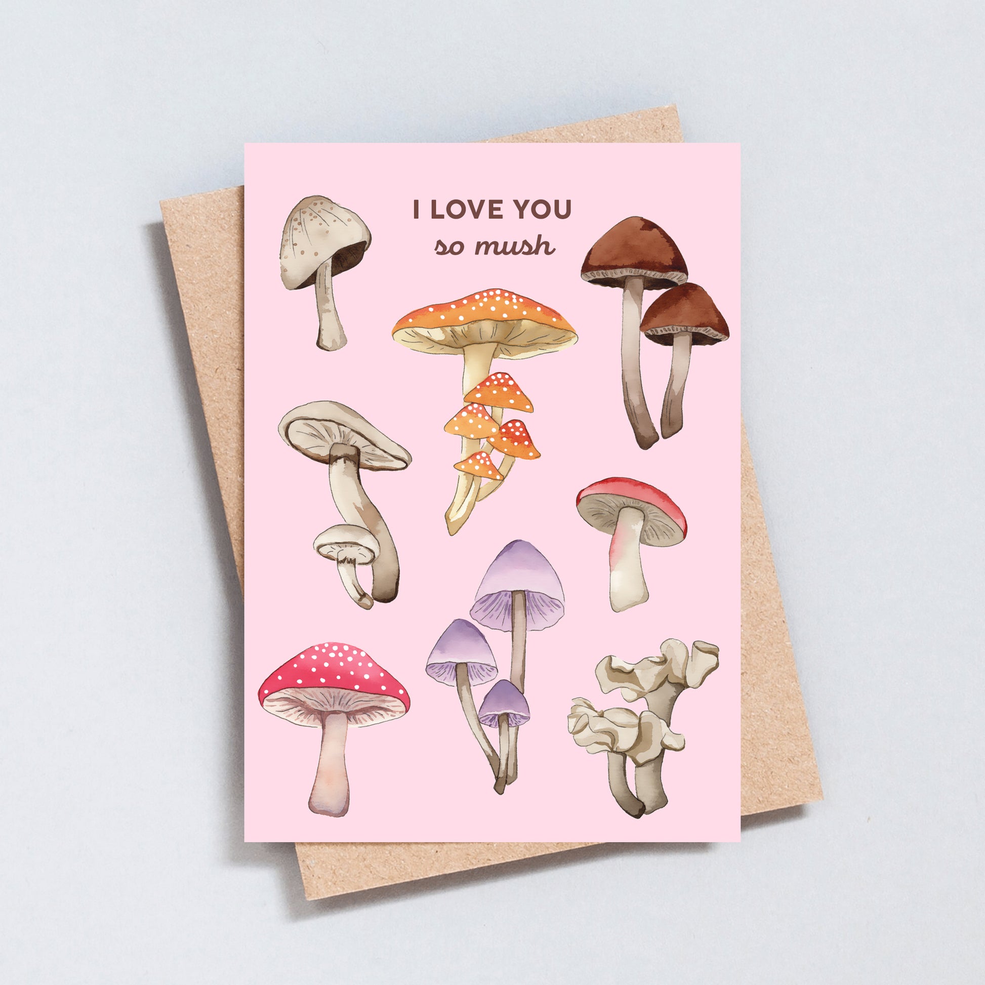 Pink mushroom illustration card with “I Love You So Mush” text, featuring hand-drawn mushrooms on a Valentine’s Day love card.