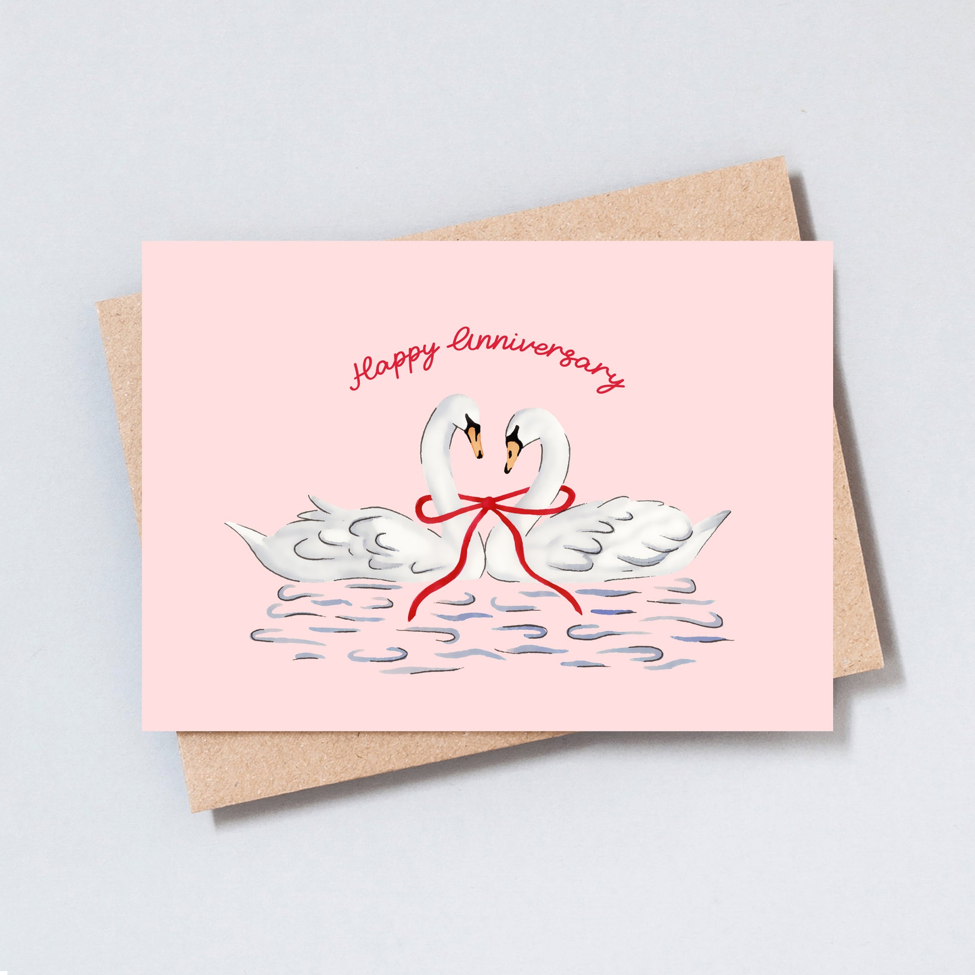 Romantic swan anniversary card with hand-drawn illustration on pink background