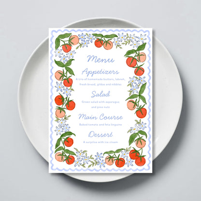 Personalised tomato floral wedding menu card on textured cardstock
