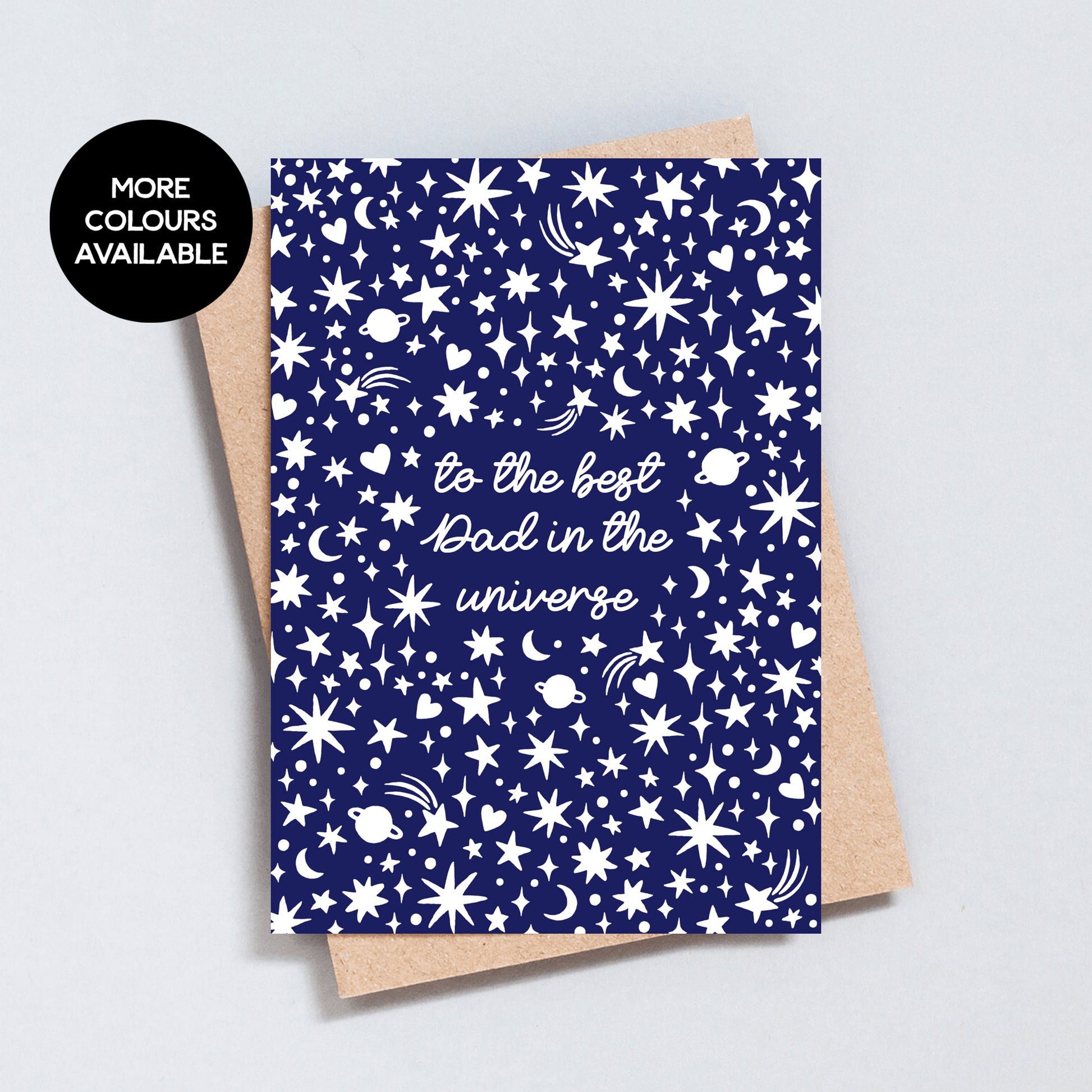 Best Dad in the Universe greeting card with blue celestial stars and moons, printed on textured hammered card