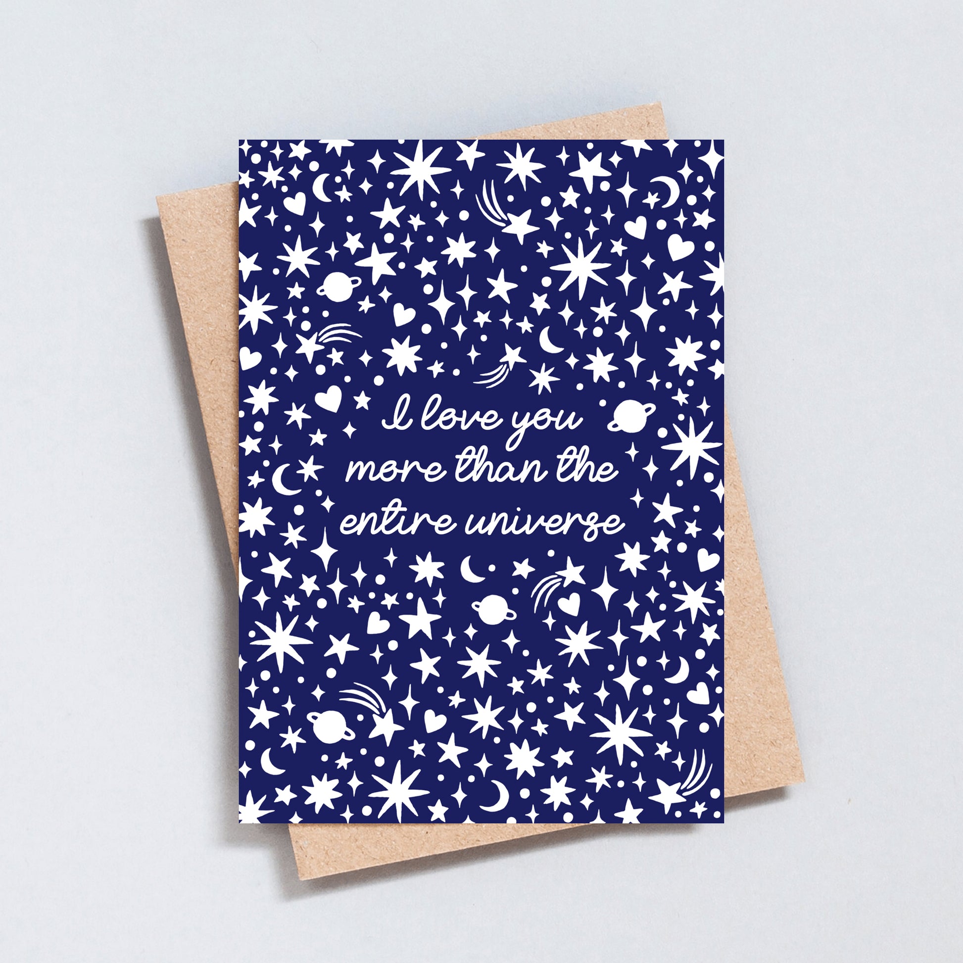 Romantic navy blue starry love card with the message “I love you more than the entire universe”