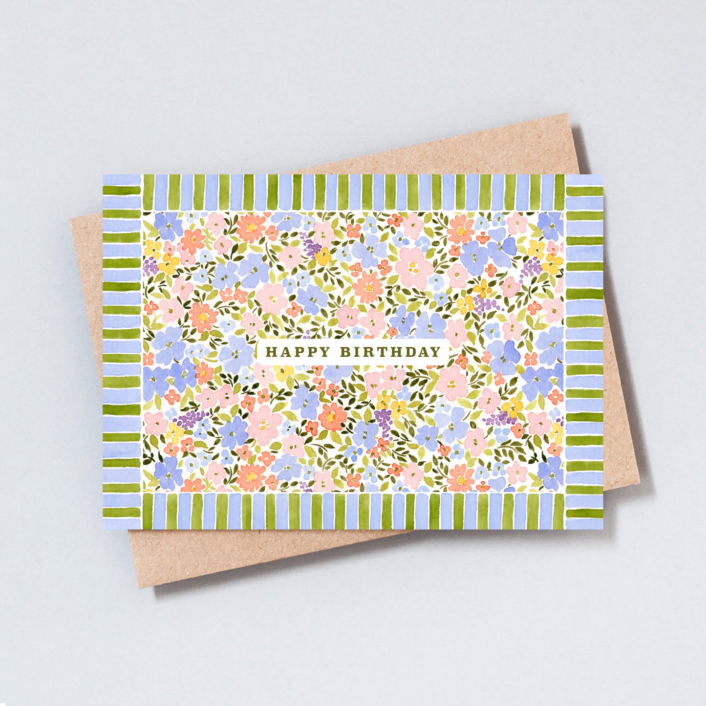 Floral happy birthday card with colourful botanical flowers and striped border