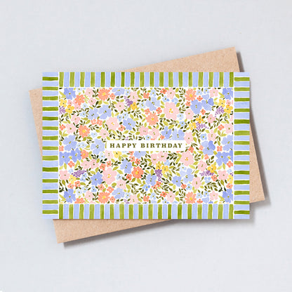 Floral happy birthday card with colourful botanical flowers and striped border