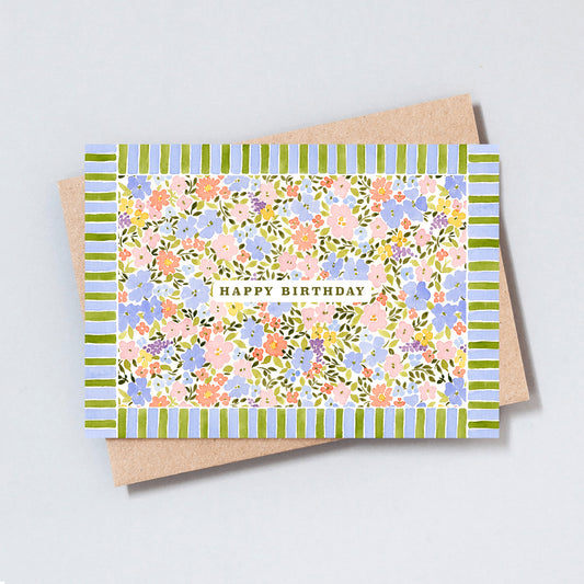 Floral happy birthday card with colourful botanical flowers and striped border