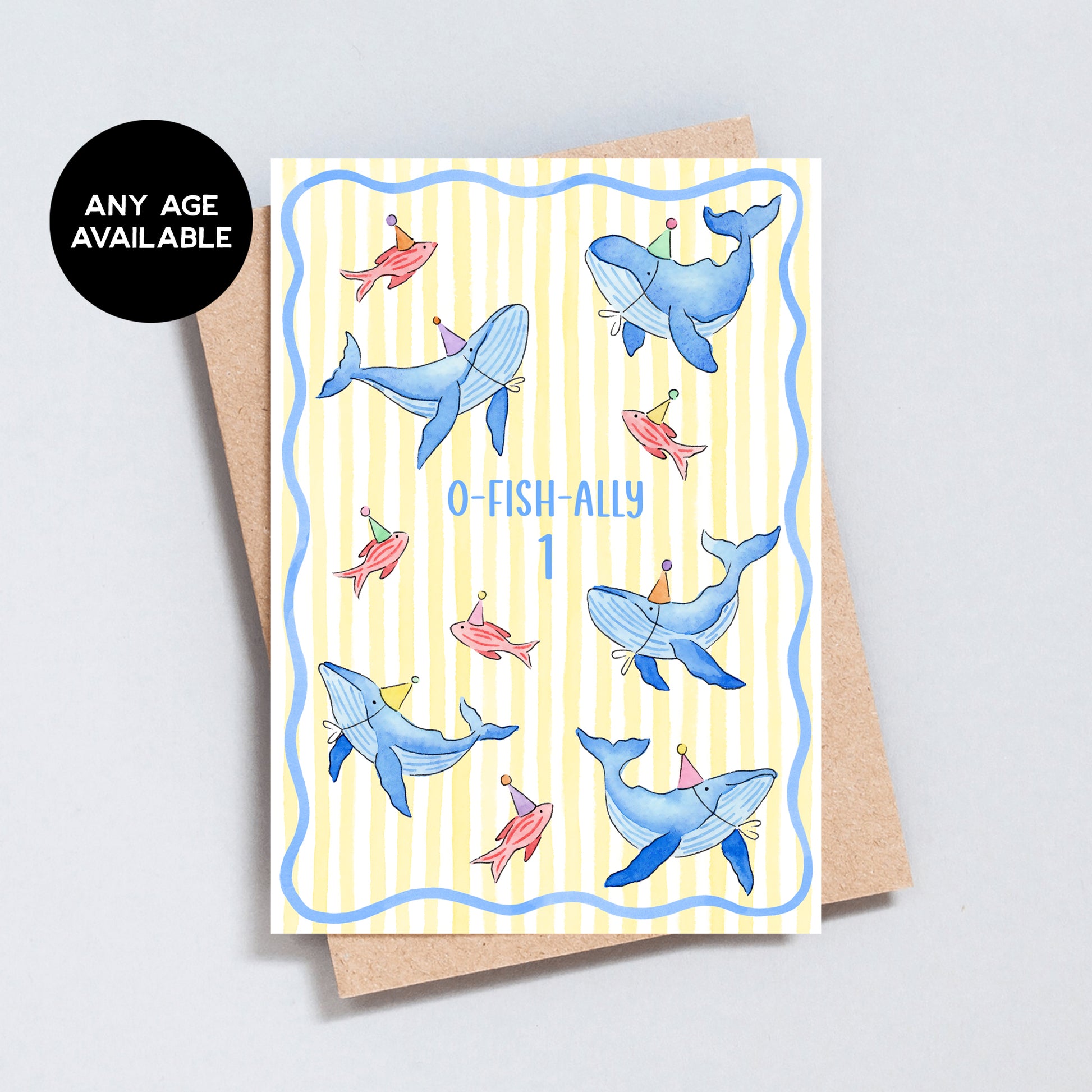 Personalised whale birthday card showing colourful illustrated whales and fish wearing party hats, with a custom birthday age displayed in the centre on a pale yellow striped background.
